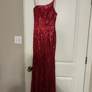 Red Sequin One-Shoulder Evening Gown